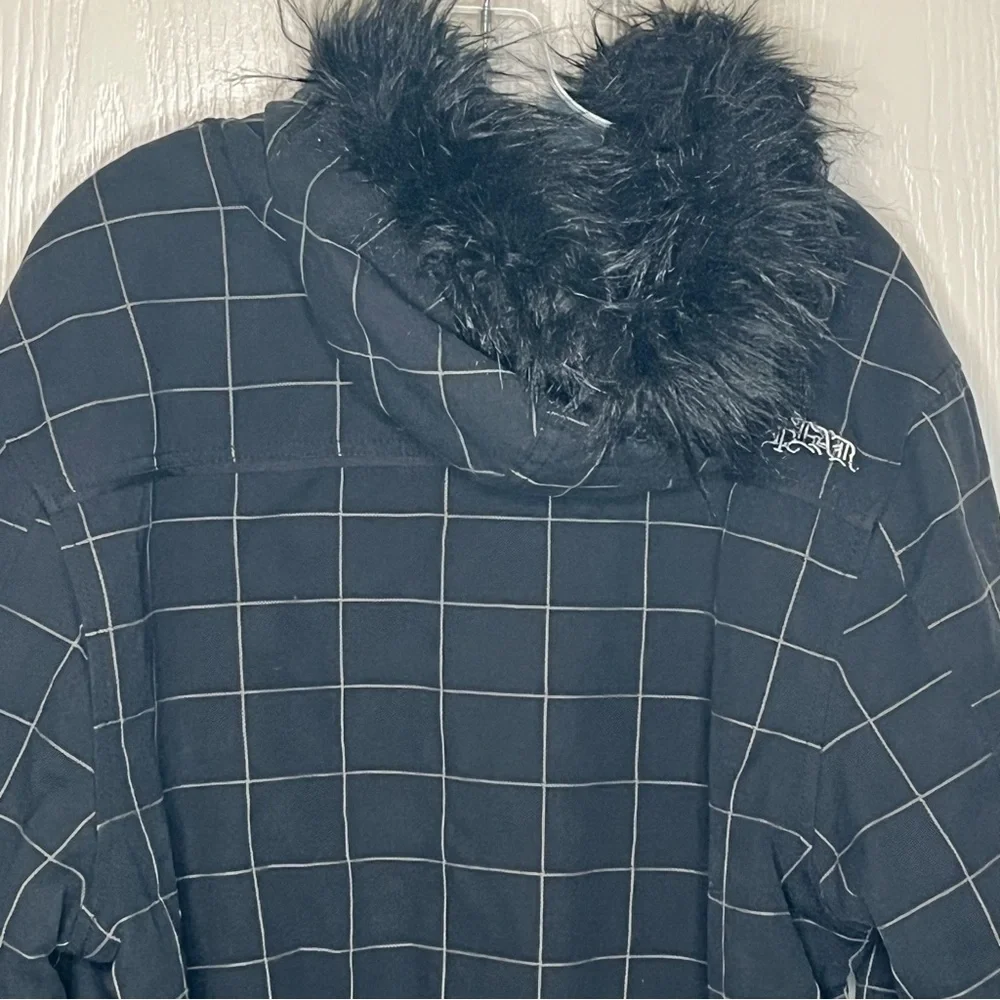 No Fear Thick Jacket Sz S Black Checkered Faux Fur Trim Hood Y2K Warm